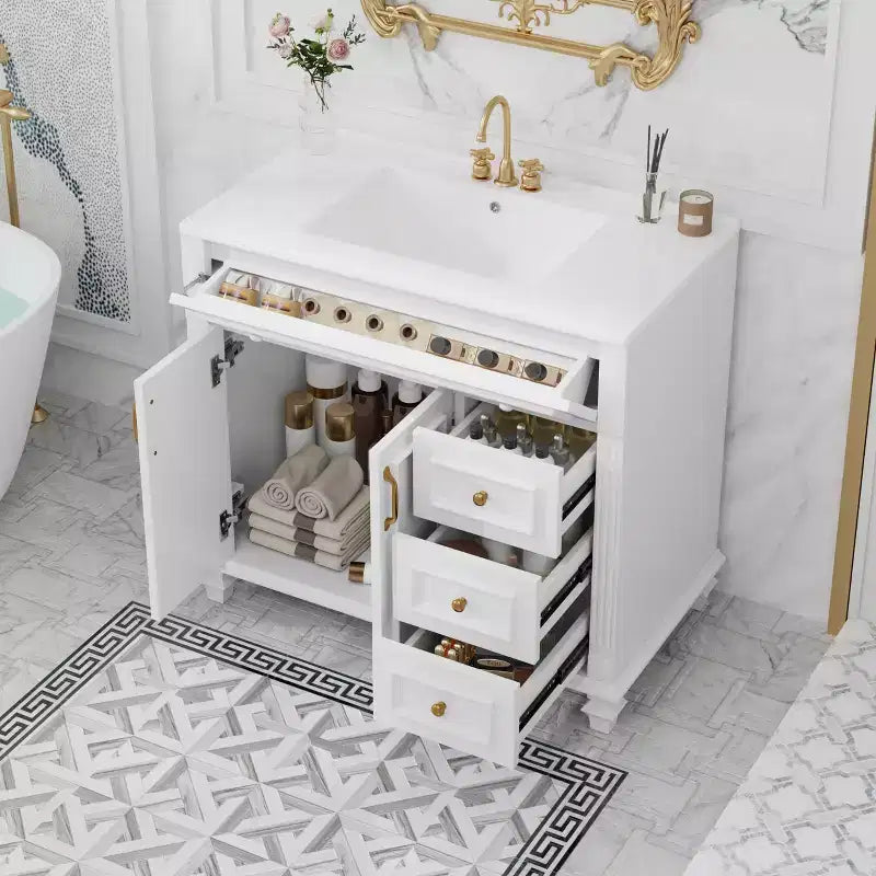 Meuble sous-vasque 36 pouces avec rangement, meuble de salle de bain au sol avec tiroirs et portes à fermeture douce