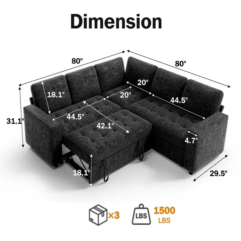 Canapé-lit Dyonery Comfy 78'', canapé-lit d'angle en chenille avec lit gigogne et rangement méridienne pour salon, appartement et bureau, noir