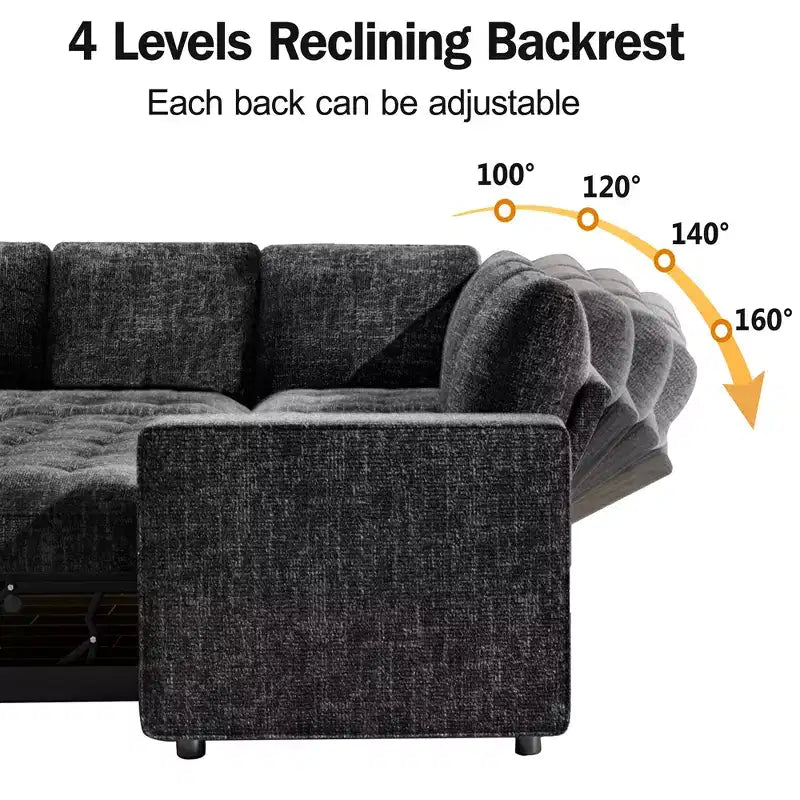 Canapé-lit Dyonery Comfy 78'', canapé-lit d'angle en chenille avec lit gigogne et rangement méridienne pour salon, appartement et bureau, noir
