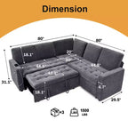 Canapé-lit Dyonery Comfy 78'', canapé-lit d'angle en chenille avec lit gigogne et rangement méridienne pour salon, appartement et bureau, noir