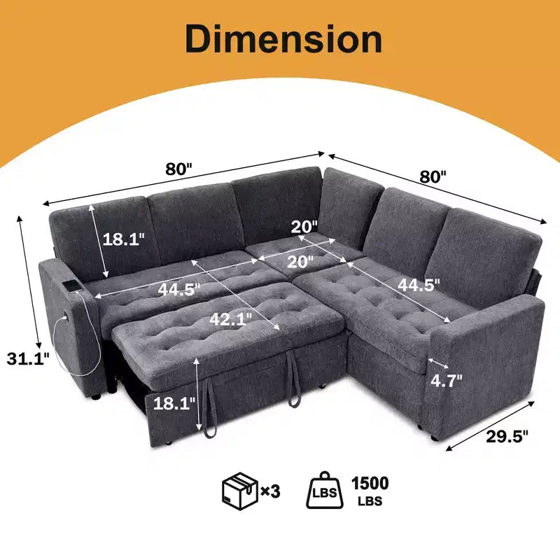 Canapé-lit Dyonery Comfy 78'', canapé-lit d'angle en chenille avec lit gigogne et rangement méridienne pour salon, appartement et bureau, noir