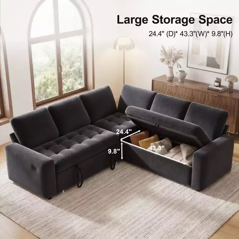 Canapé-lit Dyonery Comfy 78'', canapé-lit d'angle en chenille avec lit gigogne et rangement méridienne pour salon, appartement et bureau, noir