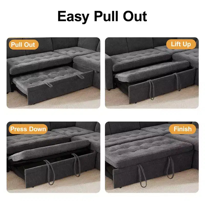 Canapé-lit Dyonery Comfy 78'', canapé-lit d'angle en chenille avec lit gigogne et rangement méridienne pour salon, appartement et bureau, noir