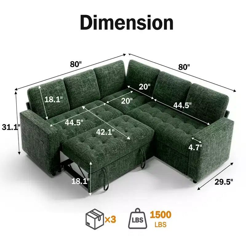 Canapé-lit Dyonery Comfy 78'', canapé-lit d'angle en chenille avec lit gigogne et rangement méridienne pour salon, appartement et bureau, noir