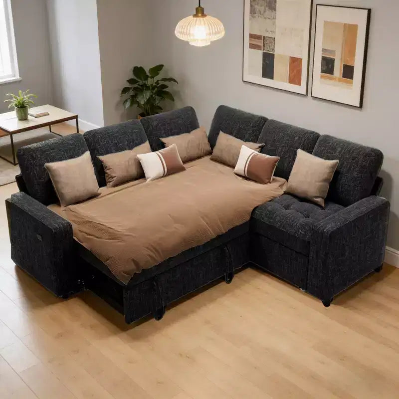 Canapé-lit Dyonery Comfy 78'', canapé-lit d'angle en chenille avec lit gigogne et rangement méridienne pour salon, appartement et bureau, noir