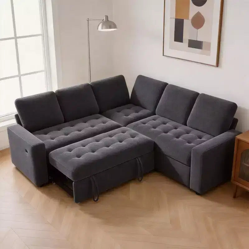 Canapé-lit Dyonery Comfy 78'', canapé-lit d'angle en chenille avec lit gigogne et rangement méridienne pour salon, appartement et bureau, noir