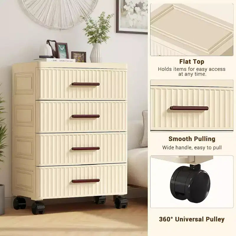 Meuble de rangement à tiroirs en plastique sur roulettes, commode haute avec tiroirs, bacs de rangement coulissants pour table de chevet de chambre à coucher et salon