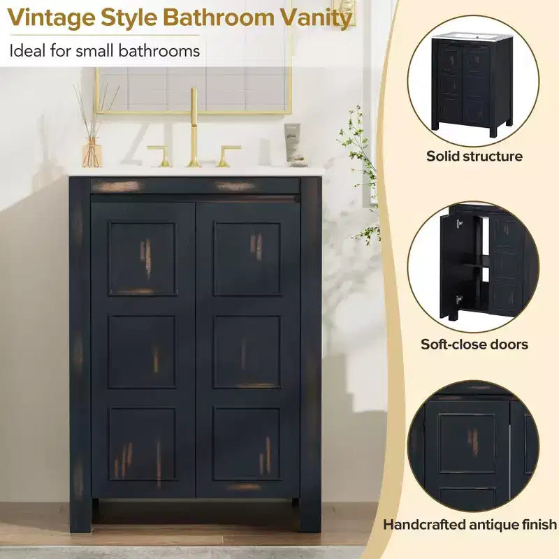 Meuble-lavabo de salle de bain vintage 48 po avec deux lavabos, meuble de rangement de salle de bain avec portes à fermeture douce et étagère, expresso