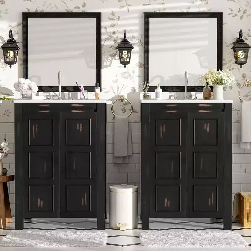 Meuble-lavabo de salle de bain vintage 48 po avec deux lavabos, meuble de rangement de salle de bain avec portes à fermeture douce et étagère, expresso