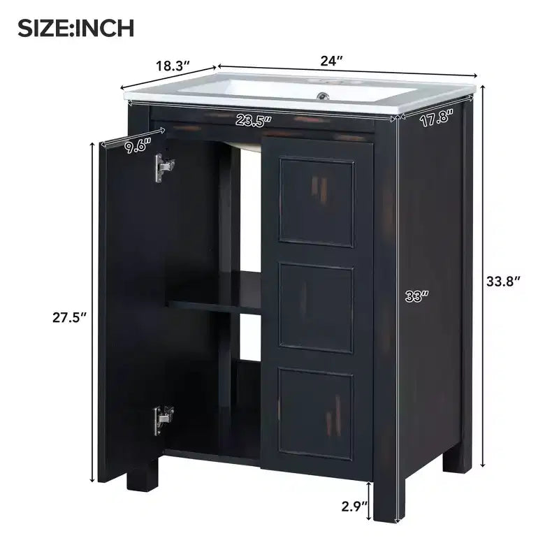 Meuble-lavabo de salle de bain vintage 48 po avec deux lavabos, meuble de rangement de salle de bain avec portes à fermeture douce et étagère, expresso