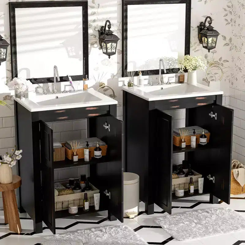 Meuble-lavabo de salle de bain vintage 48 po avec deux lavabos, meuble de rangement de salle de bain avec portes à fermeture douce et étagère, expresso