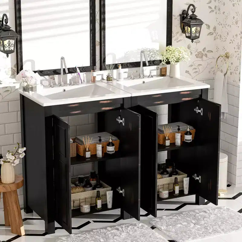 Meuble-lavabo de salle de bain vintage 48 po avec deux lavabos, meuble de rangement de salle de bain avec portes à fermeture douce et étagère, expresso
