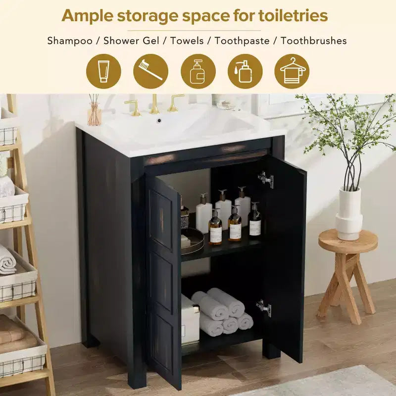 Meuble-lavabo de salle de bain vintage 48 po avec deux lavabos, meuble de rangement de salle de bain avec portes à fermeture douce et étagère, expresso