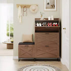 Meuble de rangement pour chaussures avec banc, meuble de rangement pour chaussures d'entrée de style ferme avec 4 tiroirs basculants et coussin d'assise, meuble à chaussures étroit et dissimulé
