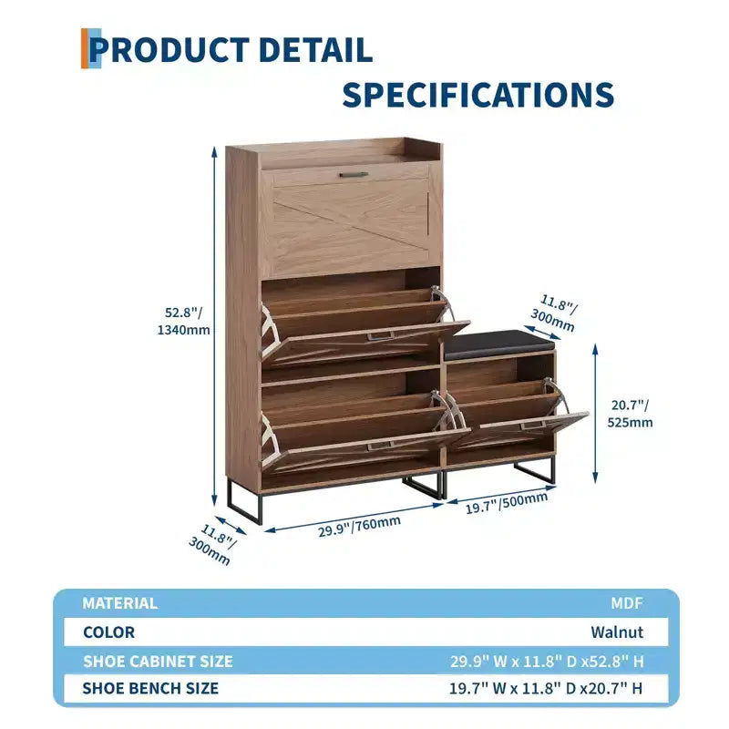 Meuble de rangement pour chaussures avec banc, meuble de rangement pour chaussures d'entrée de style ferme avec 4 tiroirs basculants et coussin d'assise, meuble à chaussures étroit et dissimulé