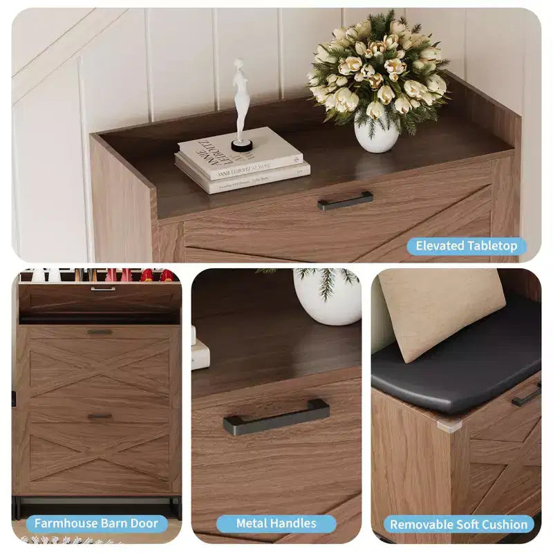Meuble de rangement pour chaussures avec banc, meuble de rangement pour chaussures d'entrée de style ferme avec 4 tiroirs basculants et coussin d'assise, meuble à chaussures étroit et dissimulé
