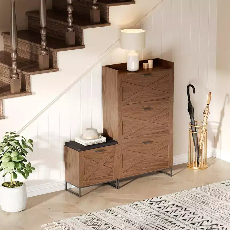 Meuble de rangement pour chaussures avec banc, meuble de rangement pour chaussures d'entrée de style ferme avec 4 tiroirs basculants et coussin d'assise, meuble à chaussures étroit et dissimulé