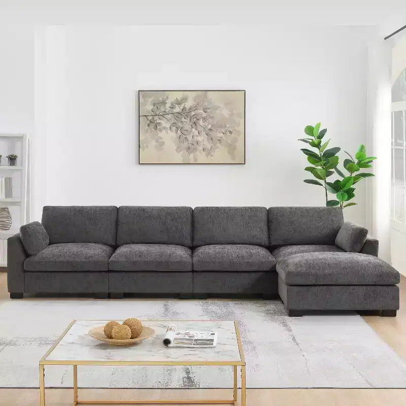 GDFStudio Lucas Canapé sectionnel modulaire en chenille en forme de L 130 avec pouf, RECHARGE DOUBLE PORT et table pliante