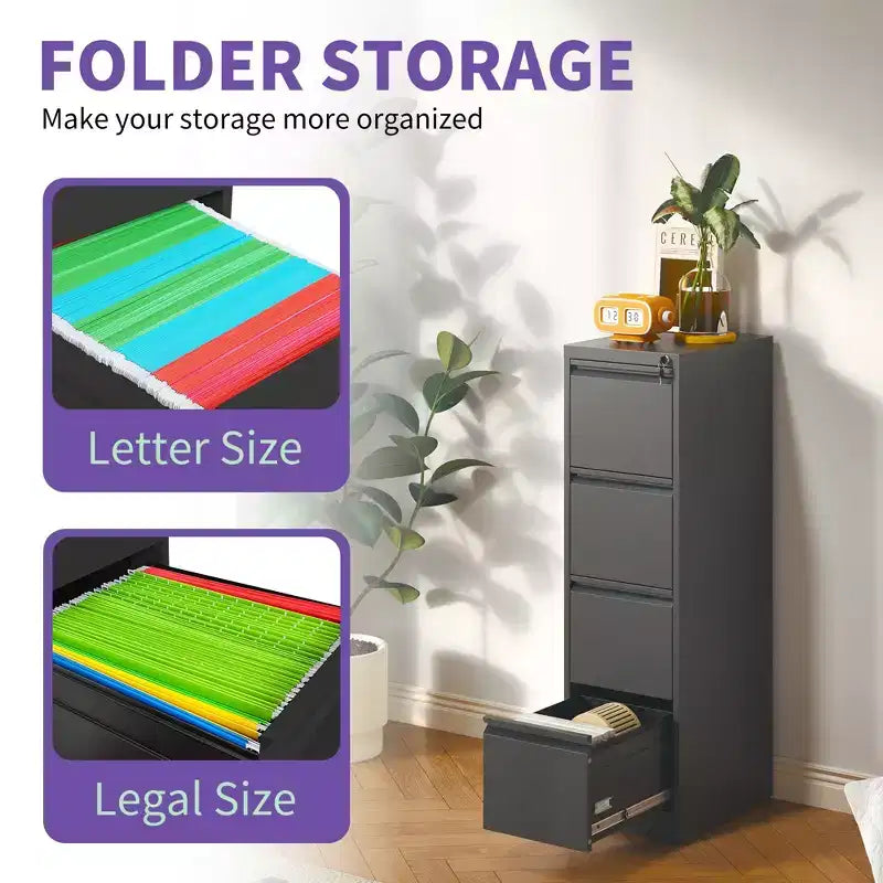 VIYET 52H Classeur vertical noir en métal à 4 tiroirs avec serrure, armoire de classement en acier pour bureau à domicile, convient aux formats A4/Legal/Lettre