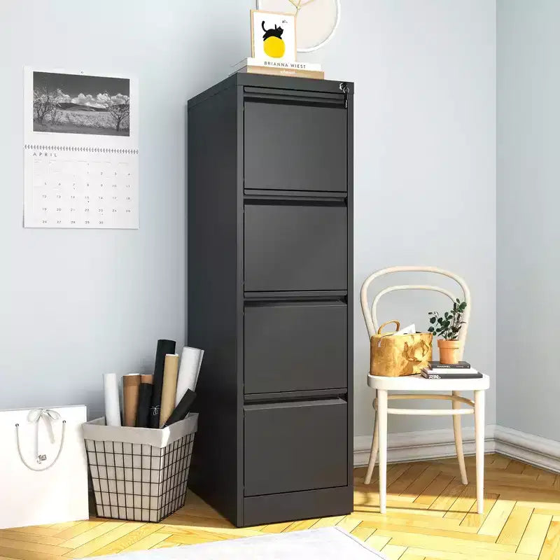 VIYET 52H Classeur vertical noir en métal à 4 tiroirs avec serrure, armoire de classement en acier pour bureau à domicile, convient aux formats A4/Legal/Lettre