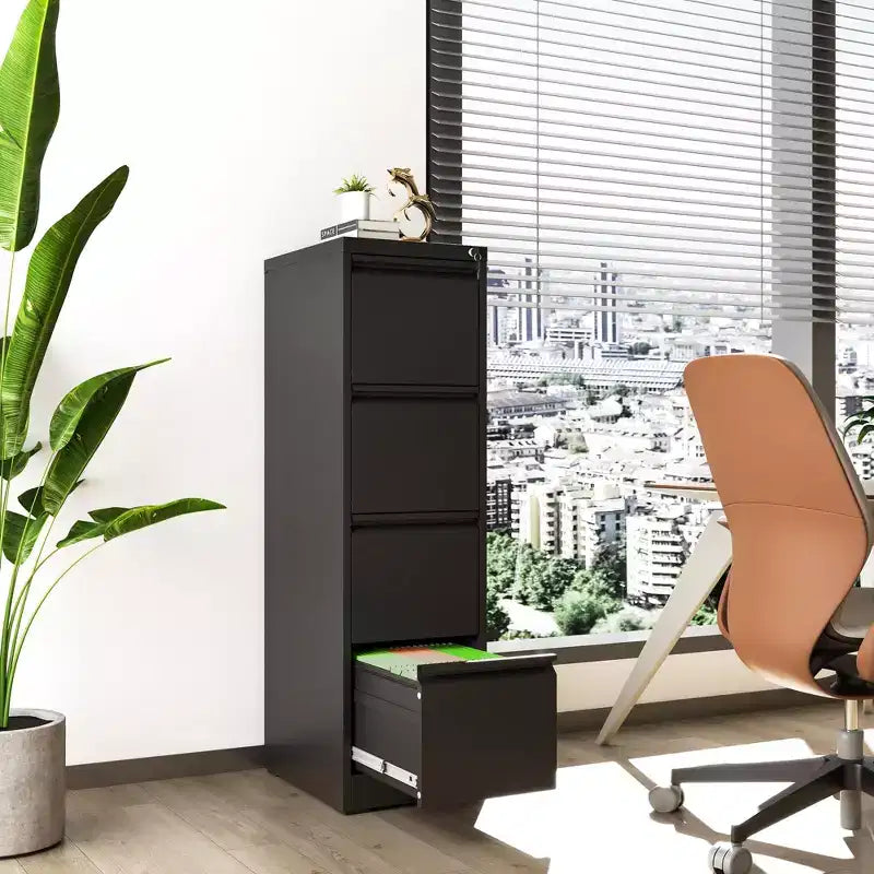 VIYET 52H Classeur vertical noir en métal à 4 tiroirs avec serrure, armoire de classement en acier pour bureau à domicile, convient aux formats A4/Legal/Lettre