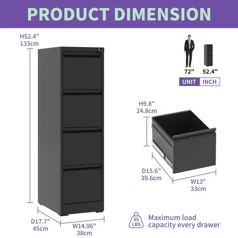 VIYET 52H Classeur vertical noir en métal à 4 tiroirs avec serrure, armoire de classement en acier pour bureau à domicile, convient aux formats A4/Legal/Lettre
