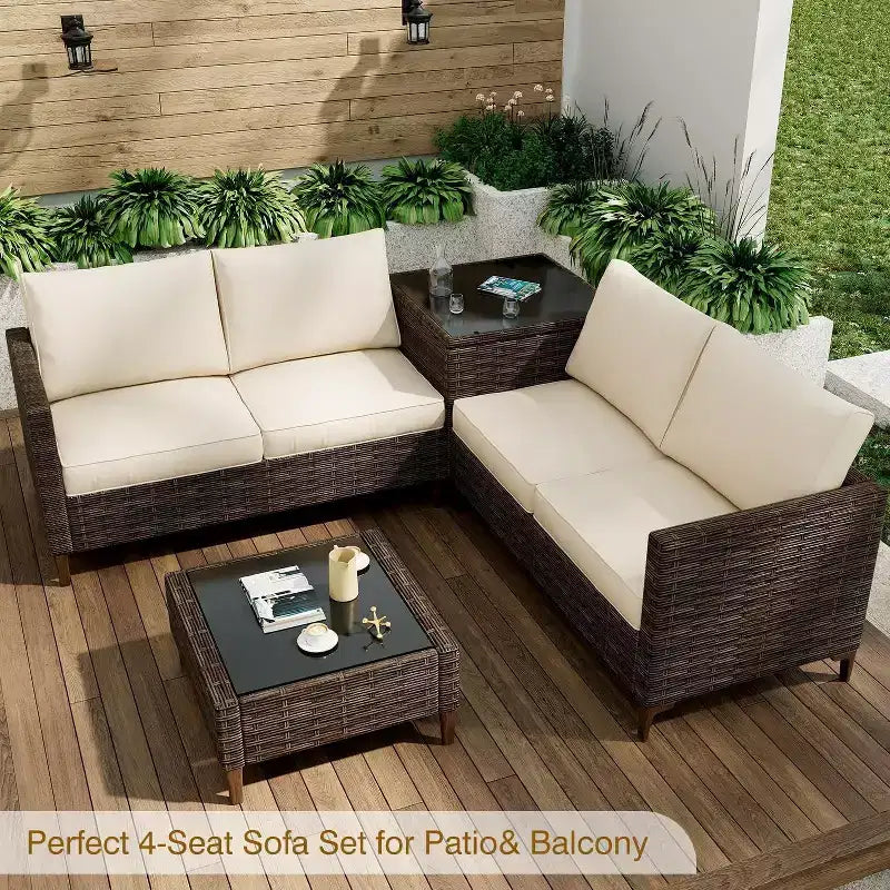 COZONY Ensemble de salon de jardin modulable en rotin PE tout temps, canapé-causeuse et table basse avec rangement pour terrasse, piscine, véranda