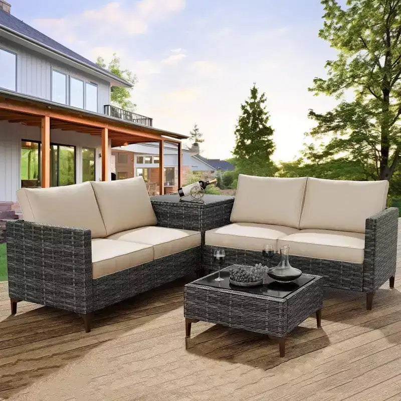 COZONY Ensemble de salon de jardin modulable en rotin PE tout temps, canapé-causeuse et table basse avec rangement pour terrasse, piscine, véranda