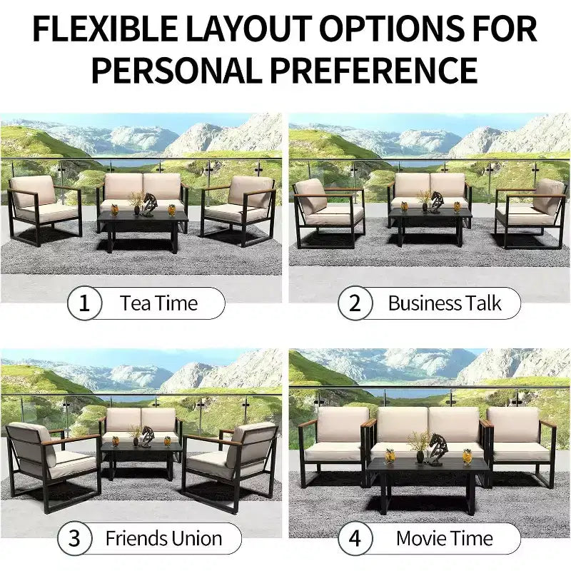 COZONY Salon de jardin 4 pièces, ensemble de conversation en métal avec chaises, table basse et canapé modulable pour porche, balcon, jardin