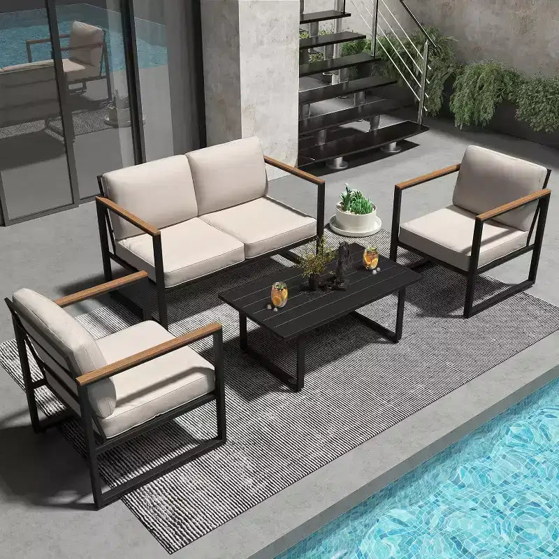 COZONY Salon de jardin 4 pièces, ensemble de conversation en métal avec chaises, table basse et canapé modulable pour porche, balcon, jardin