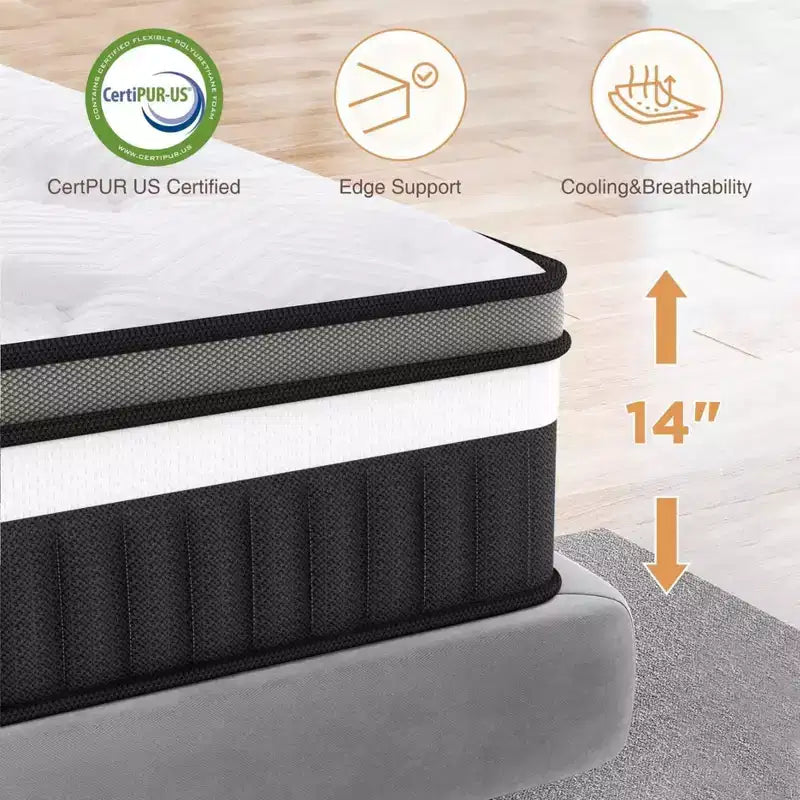 Matelas Queen 14 pouces - Matelas en mousse à mémoire de forme, fermeté moyenne, certifié CertiPUR-US, ressorts ensachés et rafraîchissant, tissu tricoté 3D, isolation des mouvements
