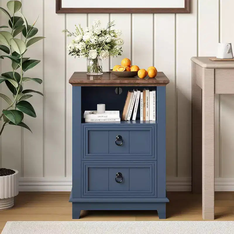 Table de chevet de 45,7 cm avec station de charge, table de chevet rustique en bois avec 2 tiroirs et étagère ouverte pour chambre à coucher ou salon