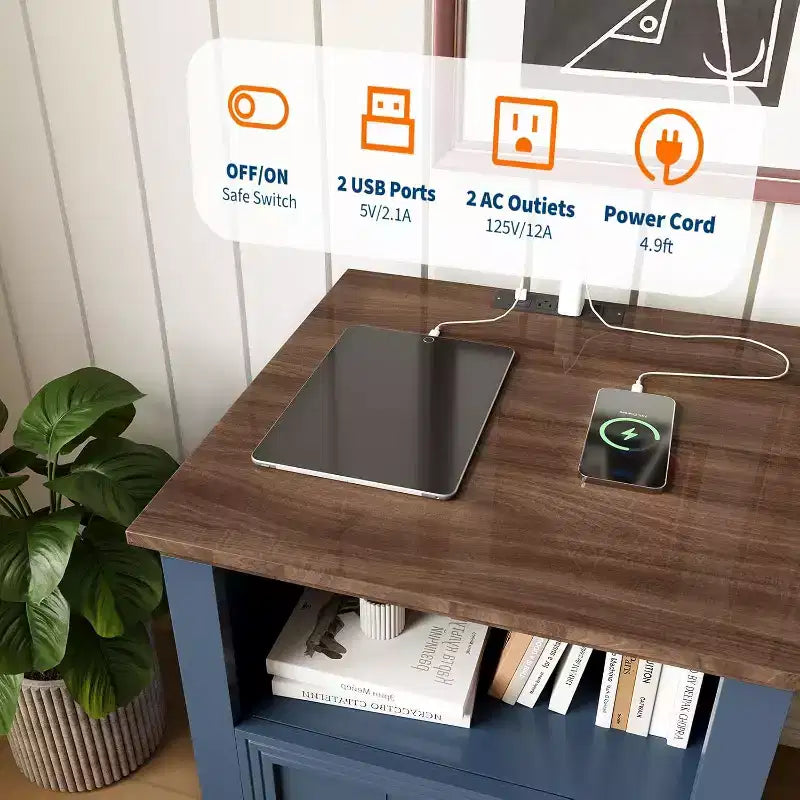 Table de chevet de 45,7 cm avec station de charge, table de chevet rustique en bois avec 2 tiroirs et étagère ouverte pour chambre à coucher ou salon