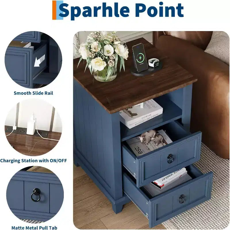 Table de chevet de 45,7 cm avec station de charge, table de chevet rustique en bois avec 2 tiroirs et étagère ouverte pour chambre à coucher ou salon