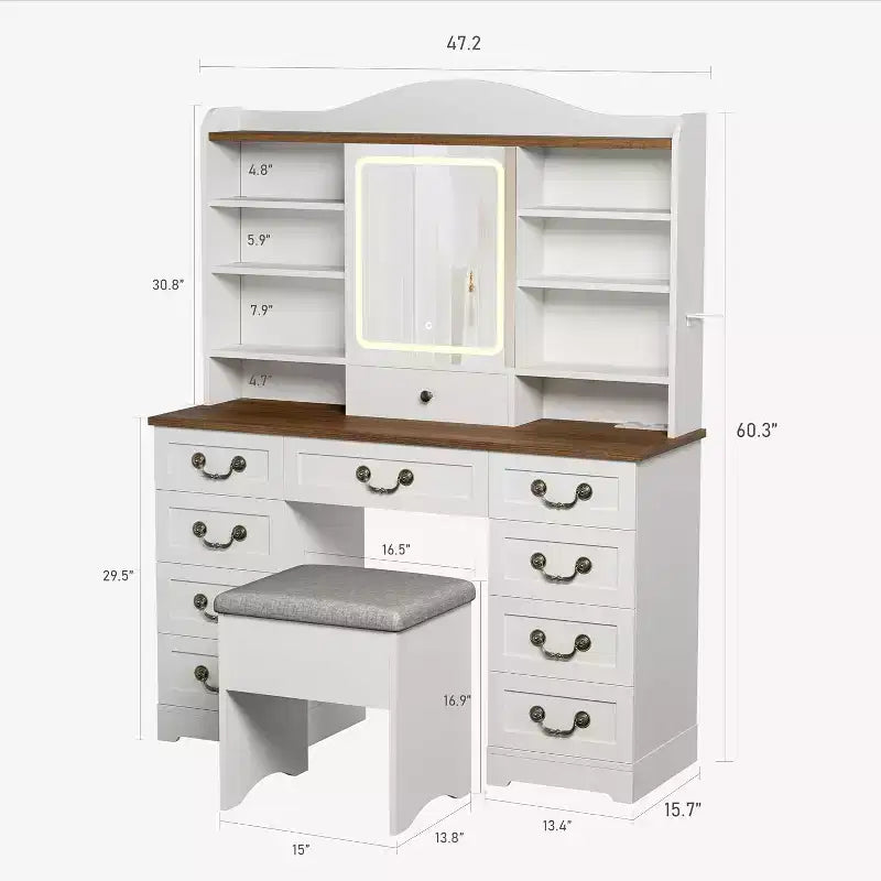 Coiffeuse 10 tiroirs avec miroir, finition noyer avec 10 étagères et tabouret, pour chambre à coucher, montage facile