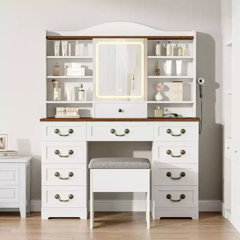 Coiffeuse 10 tiroirs avec miroir, finition noyer avec 10 étagères et tabouret, pour chambre à coucher, montage facile