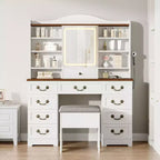 Coiffeuse 10 tiroirs avec miroir, finition noyer avec 10 étagères et tabouret, pour chambre à coucher, montage facile