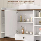 Coiffeuse 10 tiroirs avec miroir, finition noyer avec 10 étagères et tabouret, pour chambre à coucher, montage facile