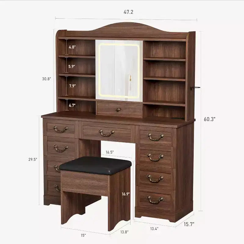 Coiffeuse 10 tiroirs avec miroir, finition noyer avec 10 étagères et tabouret, pour chambre à coucher, montage facile