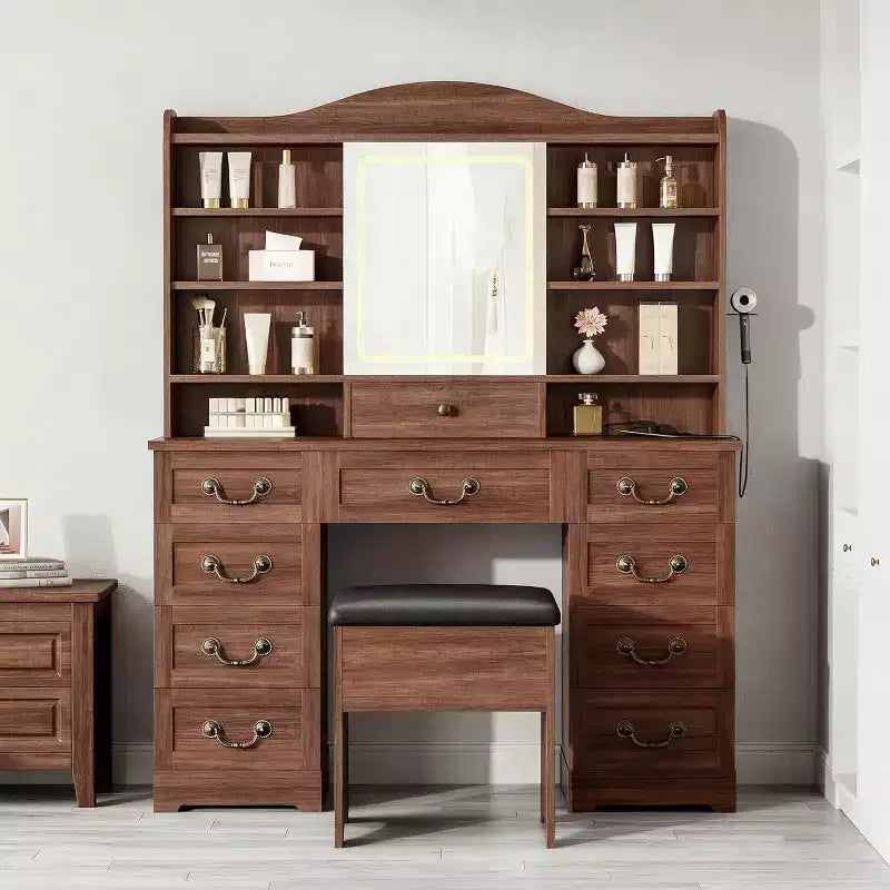 Coiffeuse 10 tiroirs avec miroir, finition noyer avec 10 étagères et tabouret, pour chambre à coucher, montage facile