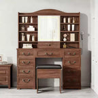 Coiffeuse 10 tiroirs avec miroir, finition noyer avec 10 étagères et tabouret, pour chambre à coucher, montage facile