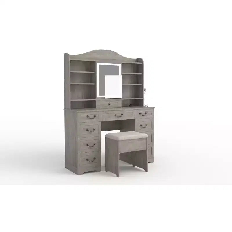Coiffeuse 10 tiroirs avec miroir, finition noyer avec 10 étagères et tabouret, pour chambre à coucher, montage facile