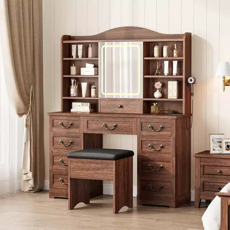 Coiffeuse 10 tiroirs avec miroir, finition noyer avec 10 étagères et tabouret, pour chambre à coucher, montage facile