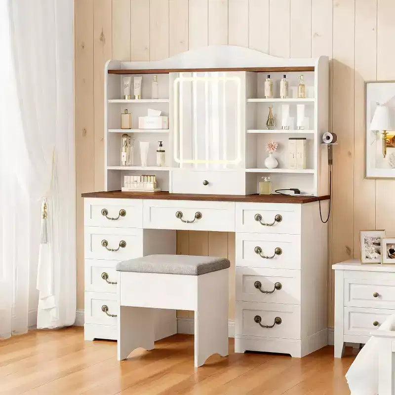 Coiffeuse 10 tiroirs avec miroir, finition noyer avec 10 étagères et tabouret, pour chambre à coucher, montage facile