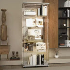 Vitrine en verre trempé/Cave à vin/Meuble de rangement/Classeur avec miroir à bande lumineuse LED et serrure, roulettes pivotantes, 4 étagères, 2 portes