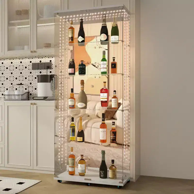 Vitrine en verre trempé/Cave à vin/Meuble de rangement/Classeur avec miroir à bande lumineuse LED et serrure, roulettes pivotantes, 4 étagères, 2 portes