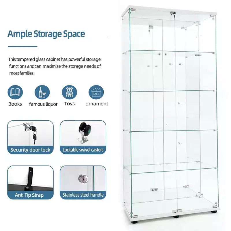 Vitrine en verre trempé/Cave à vin/Meuble de rangement/Classeur avec miroir à bande lumineuse LED et serrure, roulettes pivotantes, 4 étagères, 2 portes
