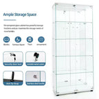 Vitrine en verre trempé/Cave à vin/Meuble de rangement/Classeur avec miroir à bande lumineuse LED et serrure, roulettes pivotantes, 4 étagères, 2 portes