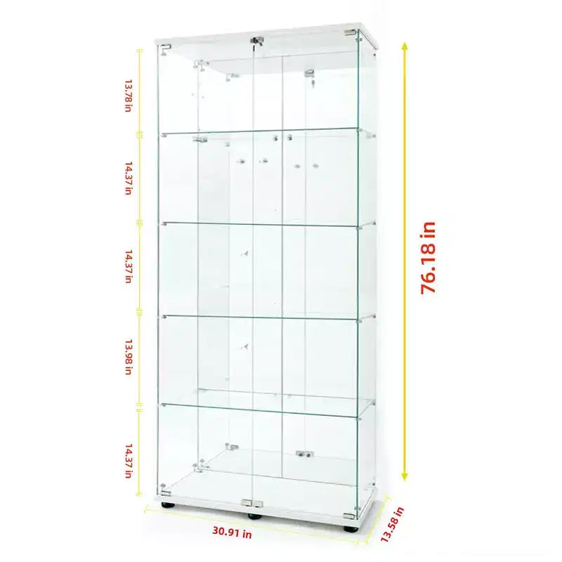 Vitrine en verre trempé/Cave à vin/Meuble de rangement/Classeur avec miroir à bande lumineuse LED et serrure, roulettes pivotantes, 4 étagères, 2 portes