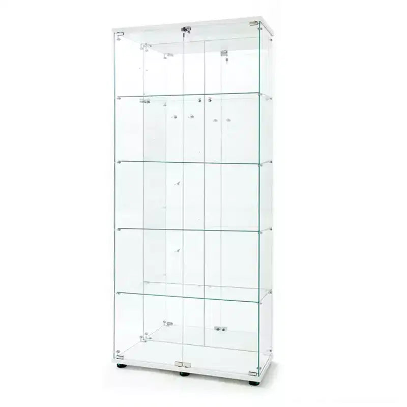 Vitrine en verre trempé/Cave à vin/Meuble de rangement/Classeur avec miroir à bande lumineuse LED et serrure, roulettes pivotantes, 4 étagères, 2 portes